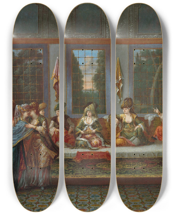 Triptych art skateboard deck of Jean Baptiste Vanmour Greek Wedding by Jean Baptiste Vanmour (1671-1737)