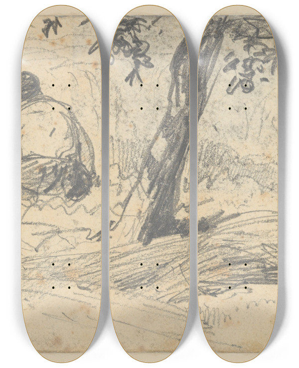 Triptych art skateboard deck of John Singer Sargent Boy And Girl Seated By Tree by John Singer Sargent (1856-1925)
