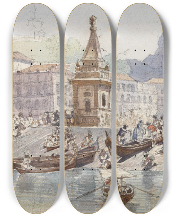 Triptych art skateboard deck of Ferdinand Keller Markt In Rio by Ferdinand Keller (1842-1922)