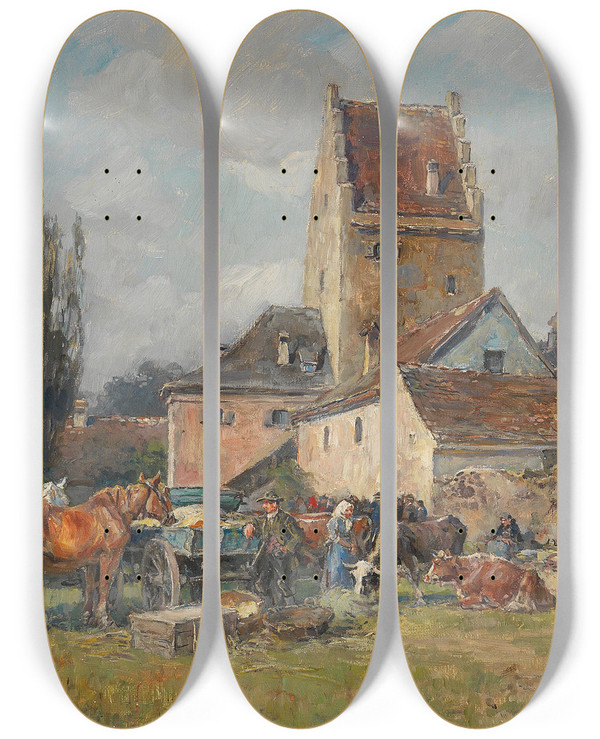 Triptych art skateboard deck of Karl Stuhlmller Sommerlicher Markttag by Karl Stuhlmuller (1859-1930)