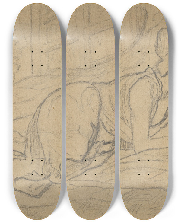 Triptych art skateboard deck of Paul Ranson Study For La Liseuse Couche by Paul Ranson (1864-1909)