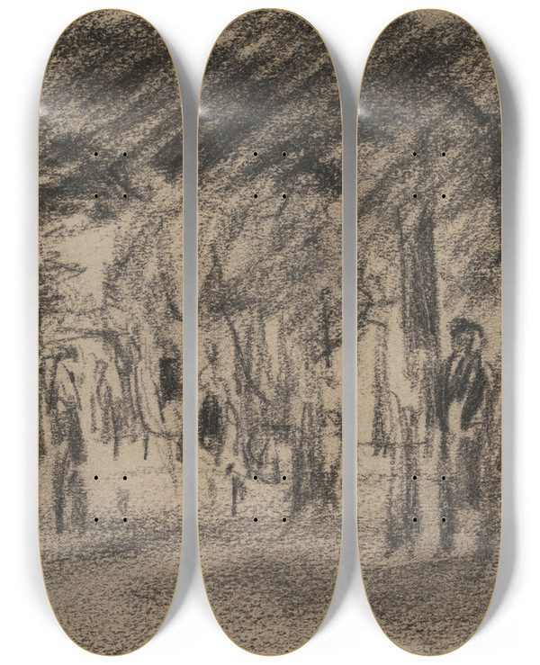 Triptych art skateboard deck of Max Liebermann Dorfstrae Mit Passanten by Max Liebermann (1847-1935)