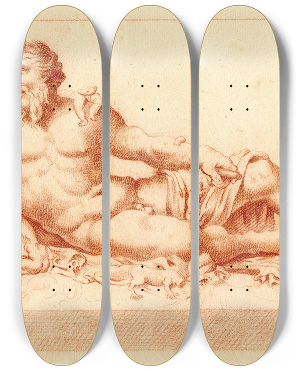 Triptych art skateboard deck of Cornelis Pronk Beeld Van De Riviergod_1 by Cornelis Pronk (1691-1759)