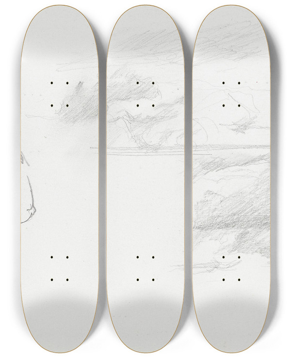 Triptych art skateboard deck of Ludvig Karsten Figurriss Landskap by Ludvig Karsten (1876-1926)