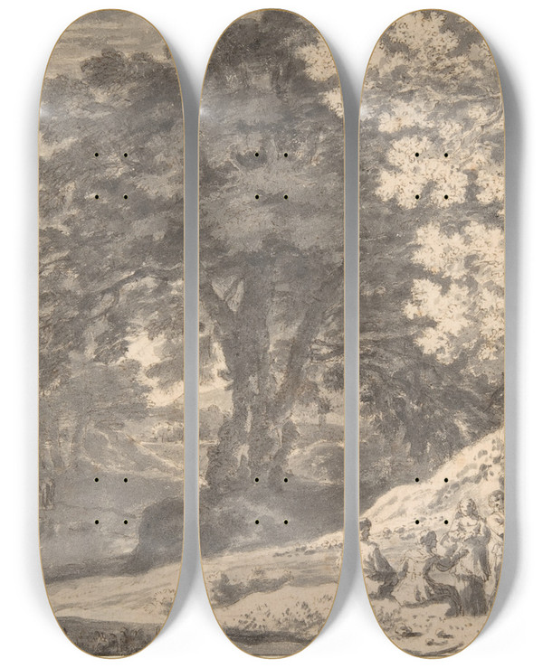 Triptych art skateboard deck of Herman Van Swanevelt A Wooded Landscape With Travellers By The Roadside A Stream Beyond by Herman Van Swanevelt (1600-1655)