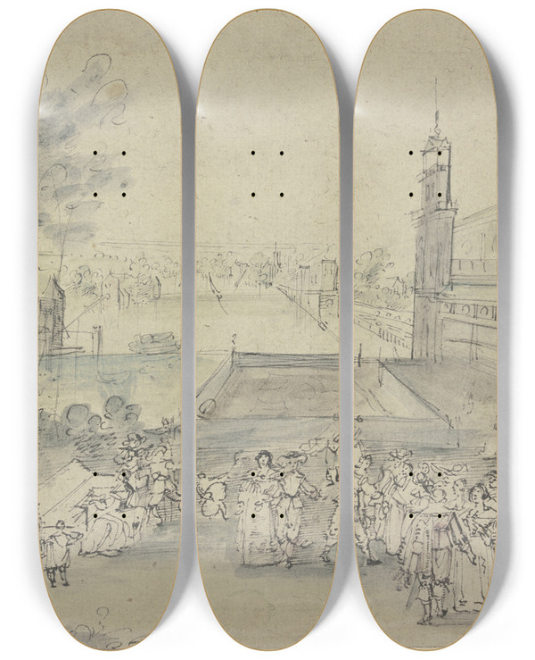 Triptych art skateboard deck of Johann Wilhelm Baur Ansicht Eines Schlosses Mit Gartengesellschaft by Johann Wilhelm Baur (1607-1640)