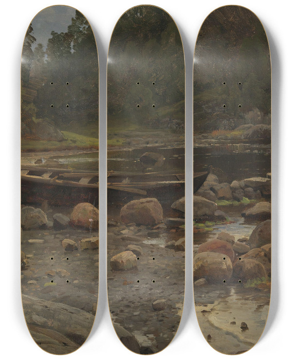 Triptych art skateboard deck of Anders Askevold Waterside With Boats by Anders Askevold (1834-1900)