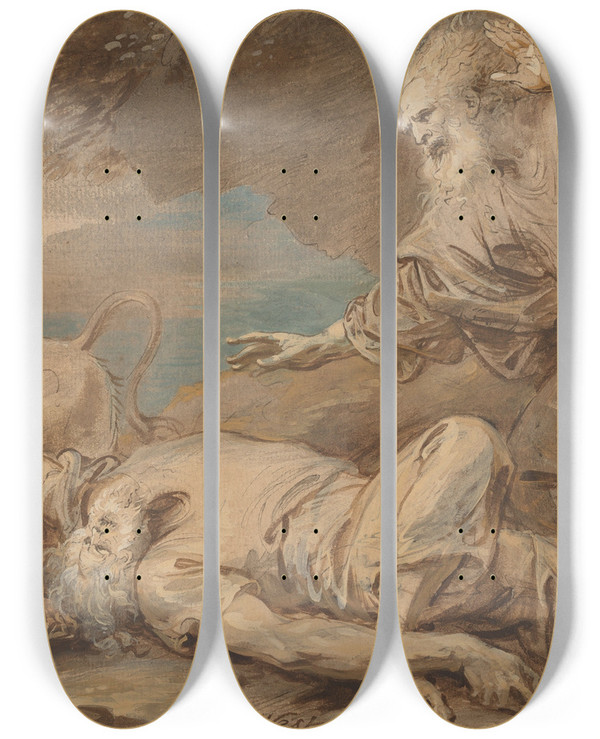 Triptych art skateboard deck of Benjamin West The Disobedient Prophet by Benjamin West (1738-1820)
