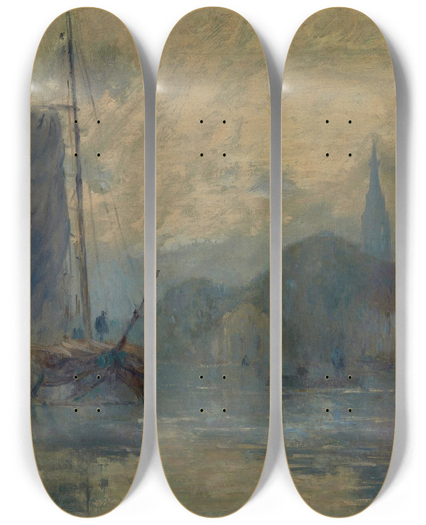 Triptych art skateboard deck of Albert Lebourg Bords De La Schie Delft Effet De Brouillard by Albert Lebourg (1849-1928)