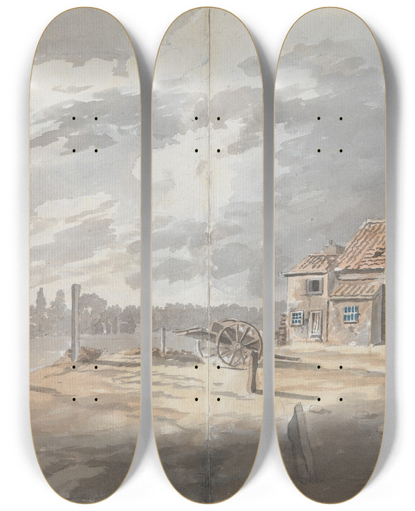 Triptych art skateboard deck of James Miller Outbuildings With Figures by James Miller (1773-1814)