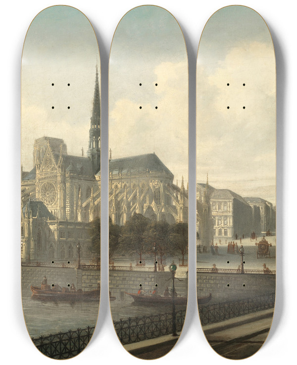 Triptych art skateboard deck of August Von Siegen Notre Dame Paris by August Von Siegen (1850-1910)