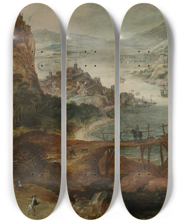 Triptych art skateboard deck of Joos De Momper River Landscape With Boar Hunt by Joos de Momper (1564-1634)