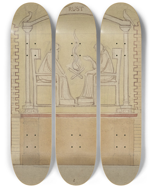 Triptych art skateboard deck of Antoon Derkinderen Rust Van De Oude Dag Door Voorzorg En Liefde by Antoon Derkinderen (1859-1925)