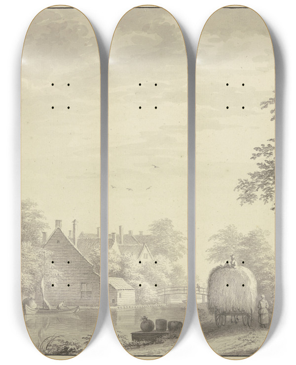 Triptych art skateboard deck of Gerard Van Rossum Stdtchen Am Flu Rechts Ein Heuwagen by Gerard Van Rossum (1699-1772)