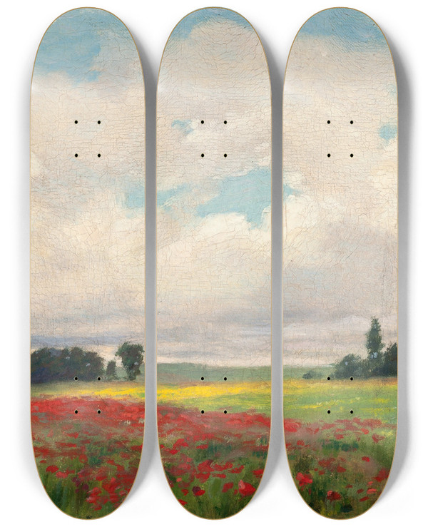 Triptych art skateboard deck of Charles Francis Browne A French Poppy Field by Charles Francis Browne (1859-1920)