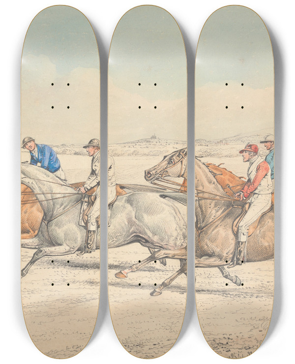 Triptych art skateboard deck of Henry Thomas Alken Steeplechasing The Start by Henry Thomas Alken (1785-1851)