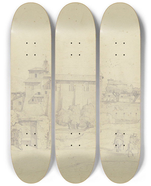 Triptych art skateboard deck of August Lucas Das Kloster S Francesco Bei Frascati by August Lucas (1803-1863)
