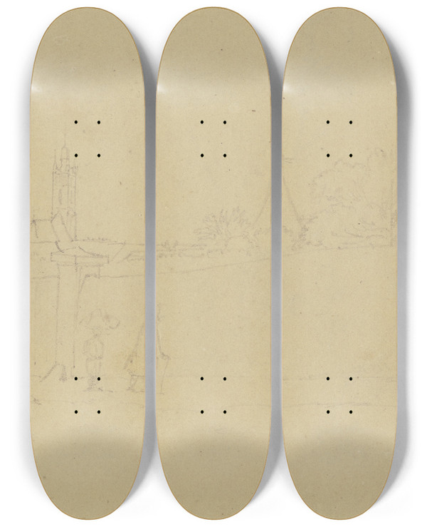 Triptych art skateboard deck of August Lucas Spaziergnger An Einer Mauer In Einer Stadt by August Lucas (1803-1863)
