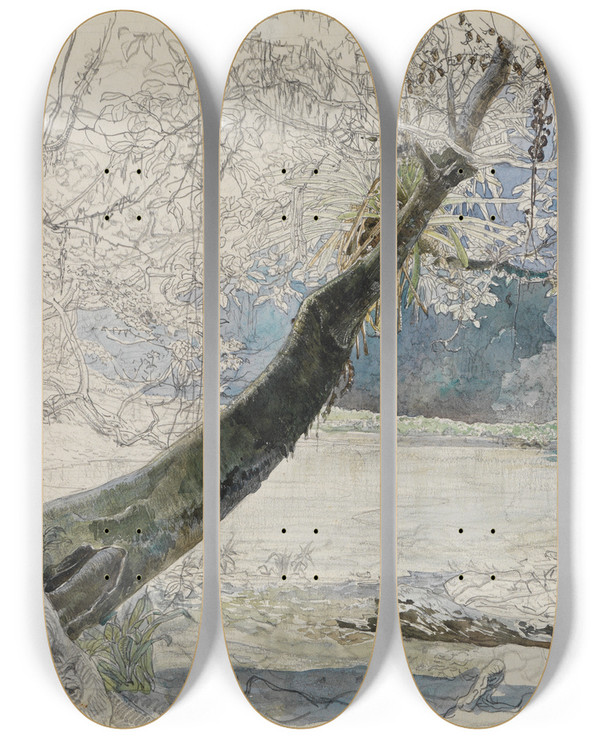 Triptych art skateboard deck of Ferdinand Keller Landschaft Am Seeufer by Ferdinand Keller (1842-1922)