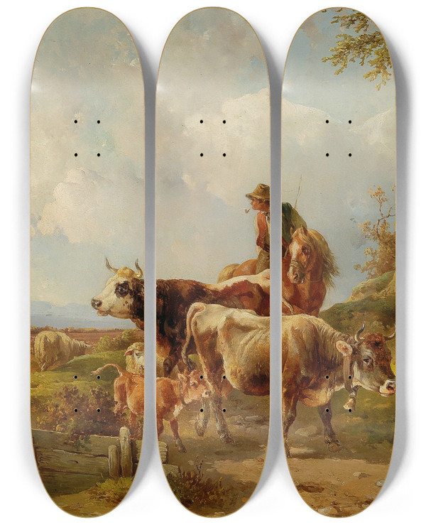 Triptych art skateboard deck of Edmund Mahlknecht Der Heimtrieb by Edmund Mahlknecht (1820-1903)