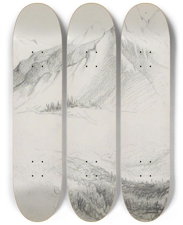 Triptych art skateboard deck of Marius Bauer Landschappen Met Bergen En Dennenbomen by Marius Bauer (1867-1932)