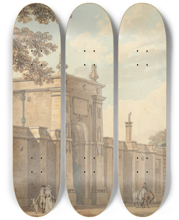 Triptych art skateboard deck of Michael Angelo Rooker The Gate At Blenheim by Michael Angelo Rooker (1746-1801)