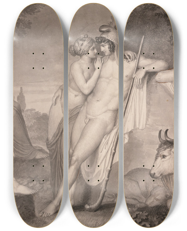 Triptych art skateboard deck of John Flaxman Paris And Oenone by John Flaxman (1755-1826)