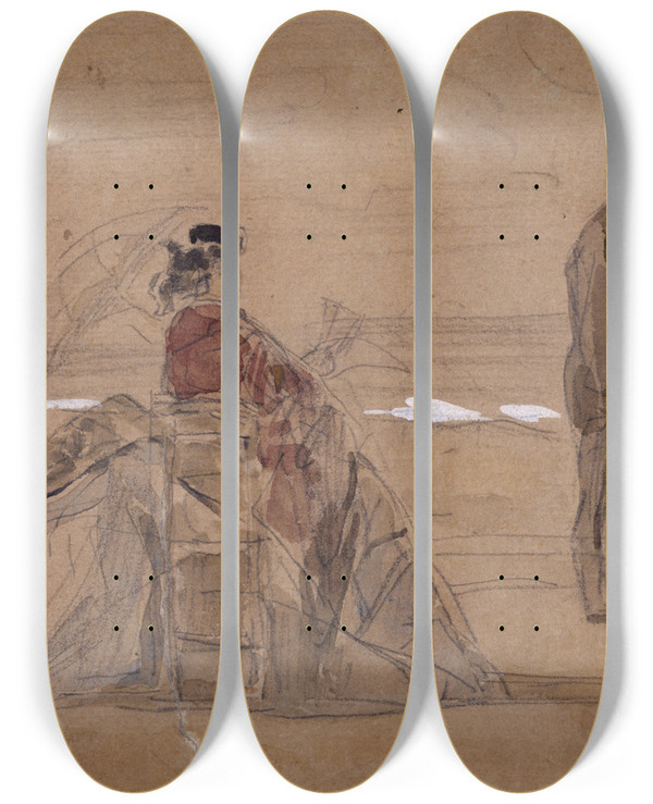 Triptych art skateboard deck of Eugne Boudin La Plage by Eugene Boudin (1824-1898)
