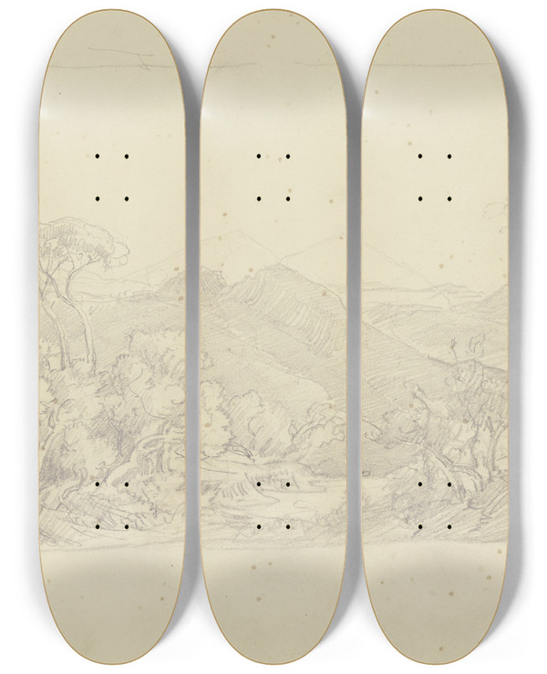 Triptych art skateboard deck of August Lucas Sabiner Berge Im Vordergrund Eine Piniengruppe by August Lucas (1803-1863)