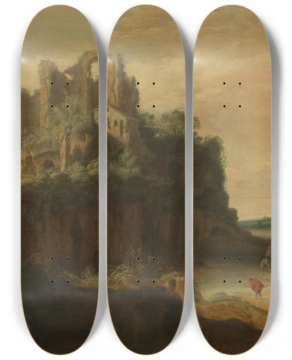 Triptych art skateboard deck of Pieter Anthonisz Van Groenewegen Roman Landscape With Ruins by Pieter Anthonisz Van Groenewegen (1658)