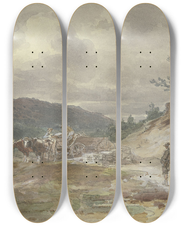 Triptych art skateboard deck of Anton Burger Landschaft Mit Ochsengespann by Anton Burger (1824-1905)