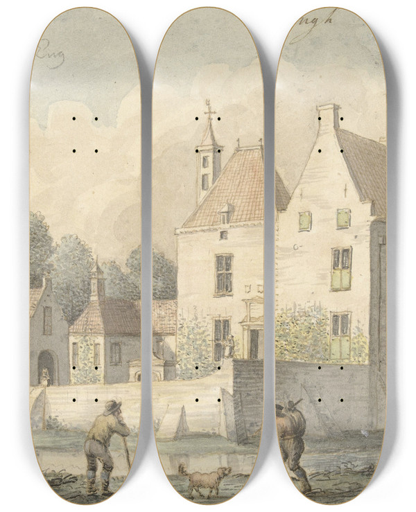 Triptych art skateboard deck of Joseph Adolf Schmetterling Kasteel De Eng Bij Vleuten by Joseph Adolf Schmetterling (1751-1828)