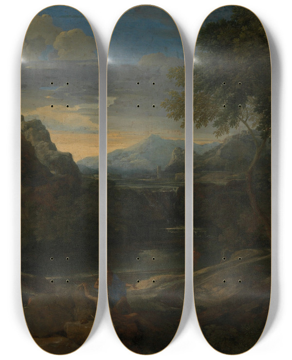 Triptych art skateboard deck of Gaspard Dughet Imaginary Landscape by Gaspard Dughet (1615-1675)