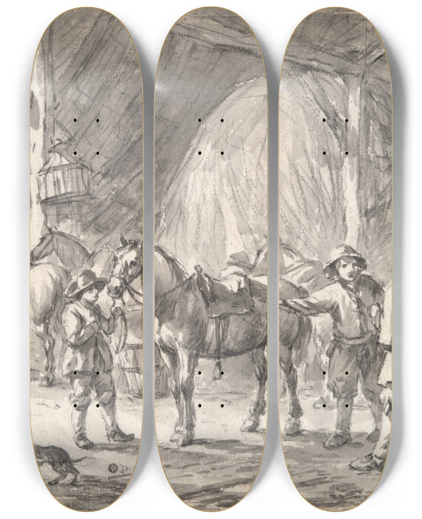 Triptych art skateboard deck of Barent Gael Peasants And Horses In Astable by Barent Gael (1630-1698)