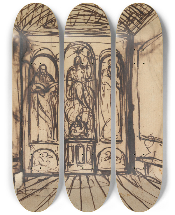 Triptych art skateboard deck of Benjamin Robert Haydon Study Of An Interior Room With Religious Images On The Wall Panels by Benjamin Robert Haydon (1786-1846)