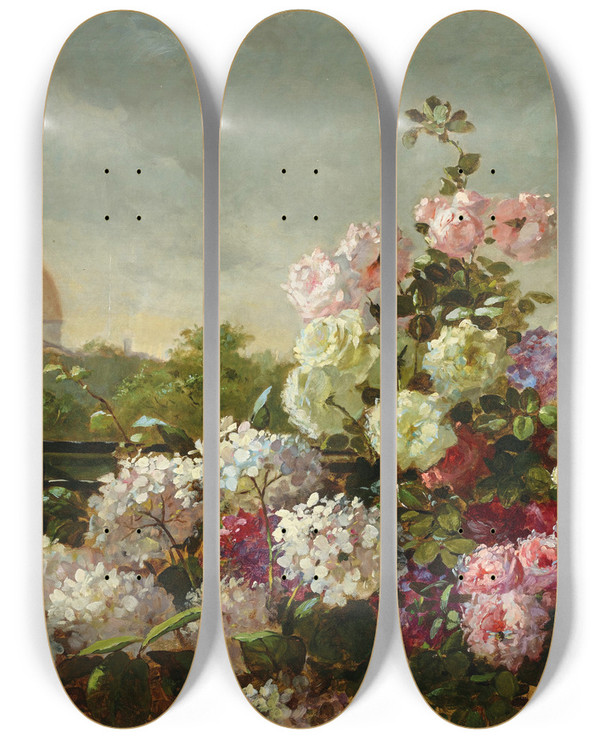 Triptych art skateboard deck of Abbott Fuller Graves From The Terrace by Abbott Fuller Graves (1859-1936)
