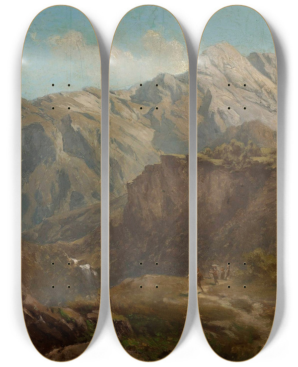 Triptych art skateboard deck of Antoni Kozakiewicz Mountain Landscape by Antoni Kozakiewicz (1841-1929)