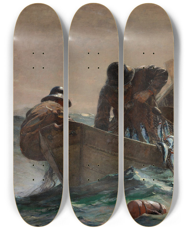 Triptych art skateboard deck of Winslow Homer The Herring Net by Winslow Homer (1836-1910)