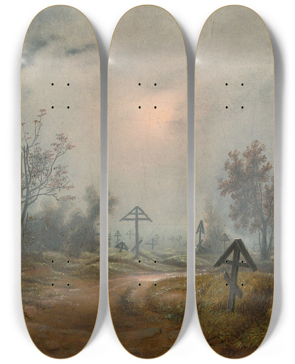 Triptych art skateboard deck of Carl Julius Von Leypold Clouds Over A Russian Graveyard by Carl Julius Von Leypold (1806-1874)