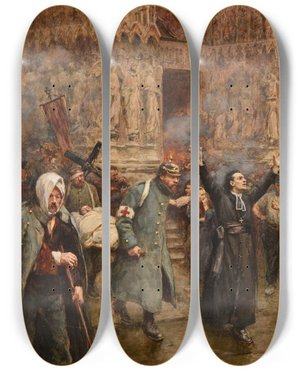 Triptych art skateboard deck of Alberto Pisa La Tragedia Di Reims by Alberto Pisa (1864-1936)