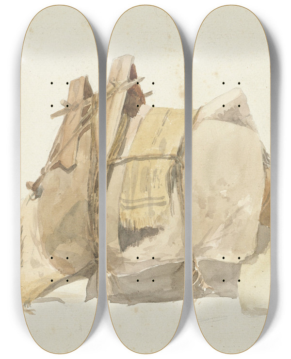 Triptych art skateboard deck of Prosper Marilhat Zittende Beladen Kameel George Antoine Prosper Marilhat by Prosper Marilhat (1811-1847)