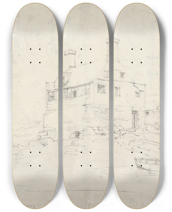 Triptych art skateboard deck of Cornelius Varley Tygwyn Ferry by Cornelius Varley (1781-1873)