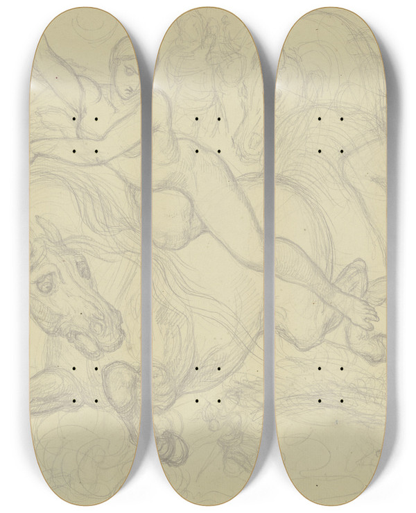 Triptych art skateboard deck of Ferdinand Fellner The Ride Of The Valkyries_1 by Ferdinand Fellner (1799-1859)