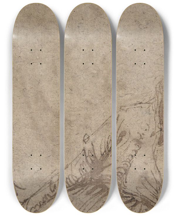 Triptych art skateboard deck of Jacob De Gheyn Ii Study Of A Young Man by Jacob de Gheyn II (1565-1629)