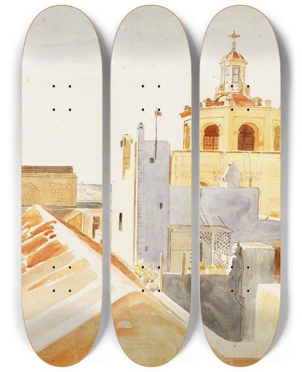 Triptych art skateboard deck of Miner Kilbourne Kellogg Malta by Miner Kilbourne Kellogg (1814-1889)