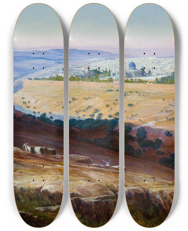 Triptych art skateboard deck of Edward Lear Jerusalem From The Mount Of Olives by Edward Lear (1812-1888)