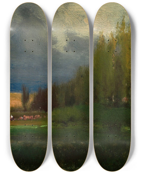 Triptych art skateboard deck of George Inness Landscape Study by George Inness (1825-1894)
