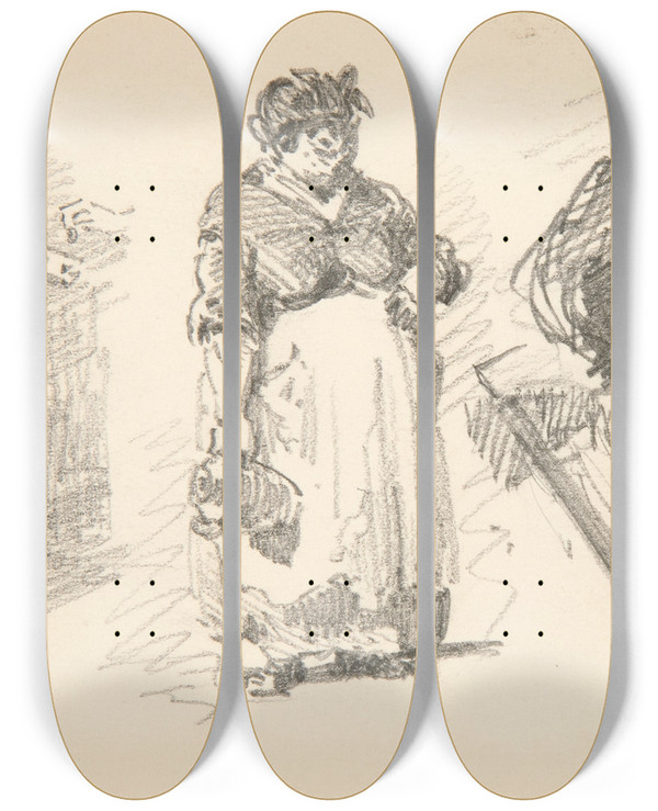 Triptych art skateboard deck of John Singer Sargent Two Standing Figures And Onehead by John Singer Sargent (1856-1925)