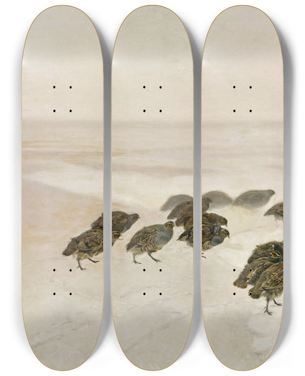 Triptych art skateboard deck of Jozef Chelmonski Partridges by Jozef Chelmonski (1849-1914)
