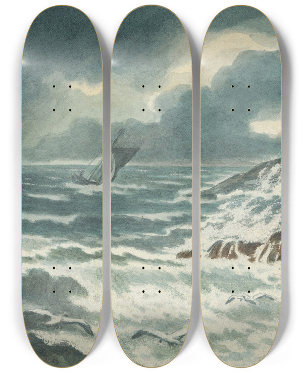 Triptych art skateboard deck of Thomas Bradshaw Storm At Sea by Thomas Bradshaw (1767)